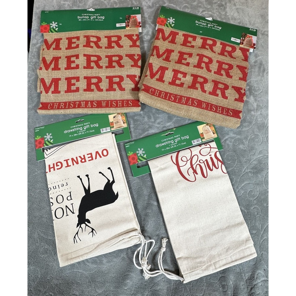 Christmas  Burlap Gift Bags XL Drawstrings 4 Pcs 3 Designs Reusable Santa Deer